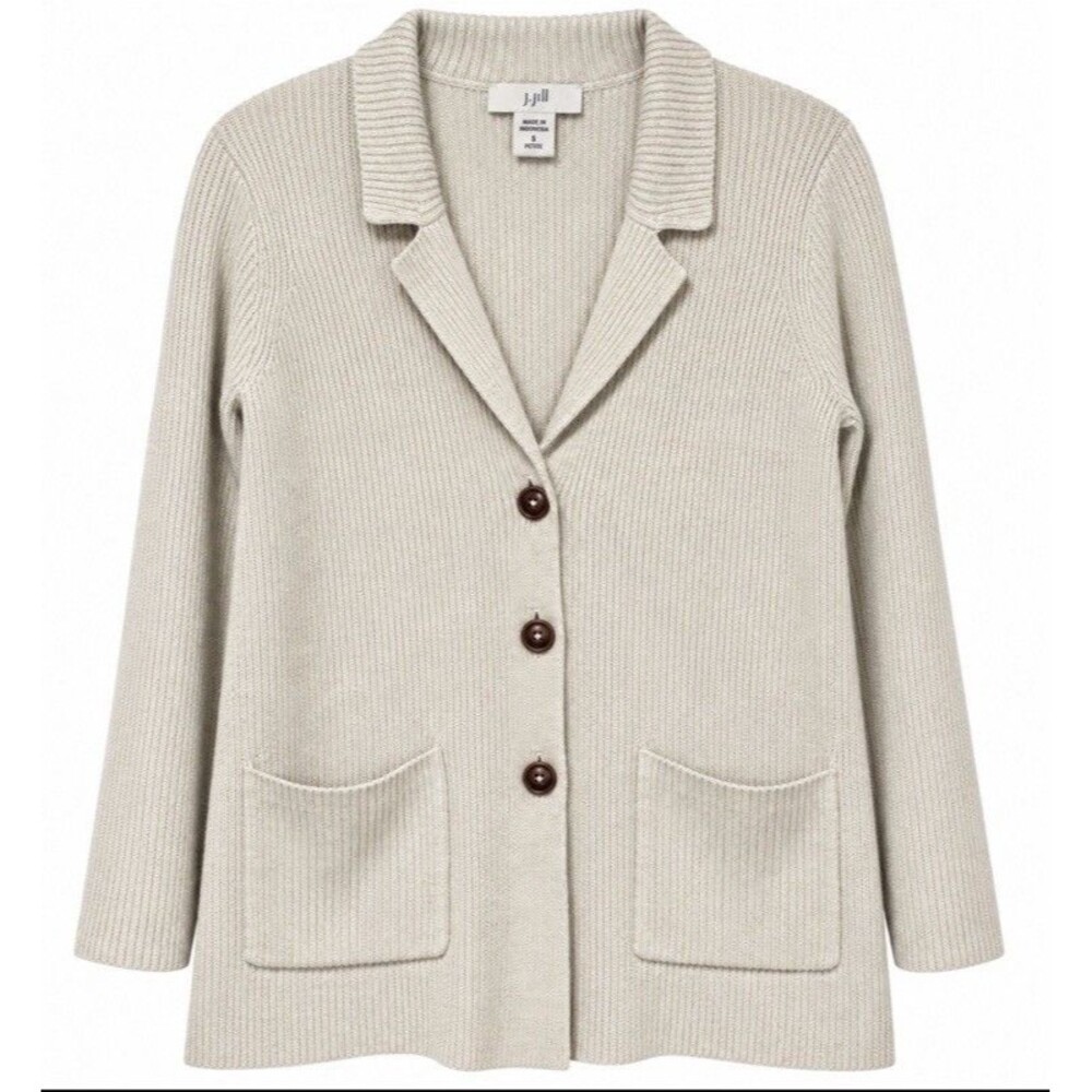 J. Jill Petite S Cardigan Sweater Neutral Beige Ribbed Knit Button Front Pockets